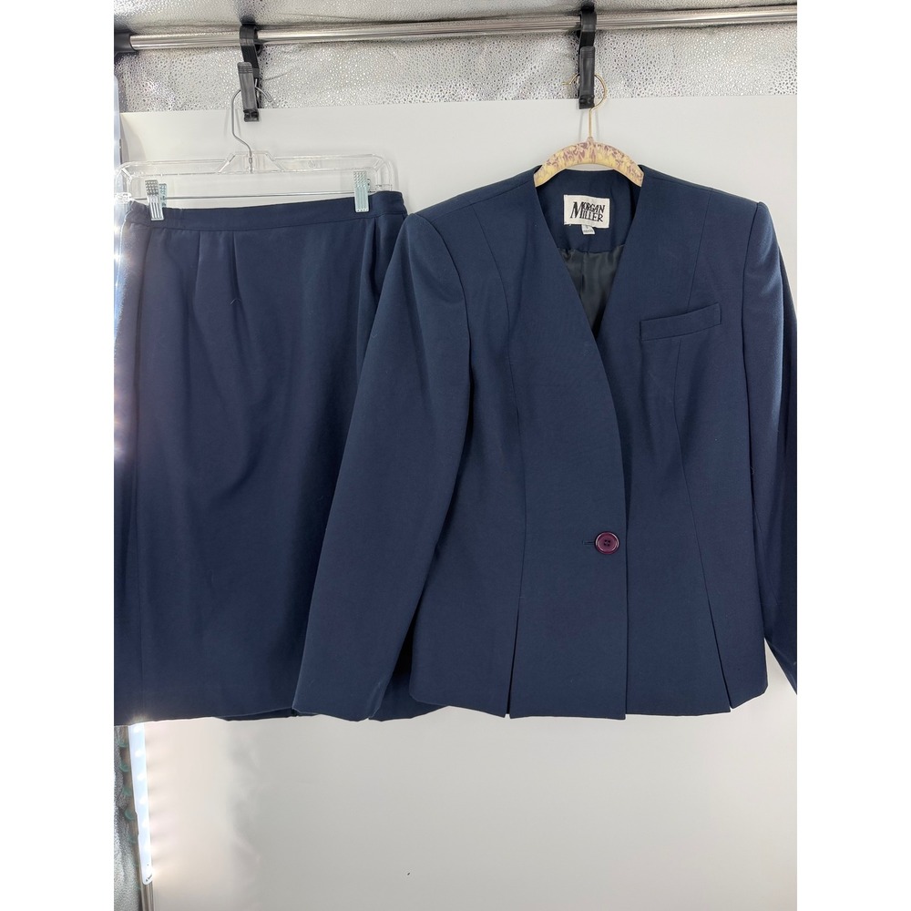 Morgan Miller Navy Blue Skirt Suit Set Vintage Blazer Pencil Skirt Size 12